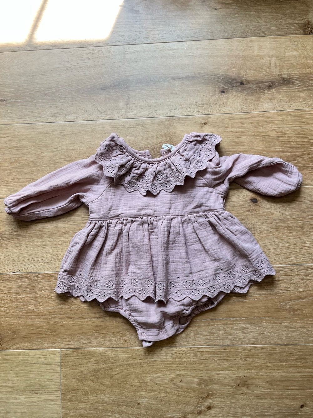6-12mo Quincy Mae Pink Ruffle Eyelet Long Sleeve Dress Romper